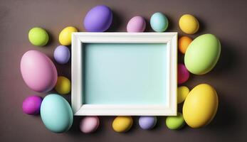 Colorful Easter Eggs with white frame copy space , photo