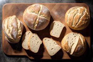 Freshly baked bread on a wooden board, close-up.Bagel photo