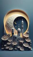 mezquita y Luna en azul antecedentes. 3d hacer y ilustración, generar ai foto