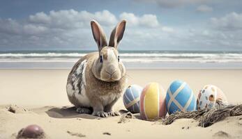 Easter Bunny with Easter eggs on the beach. . photo