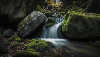 Waterfall landscape with rocks covered in green moss, Generate Ai photo