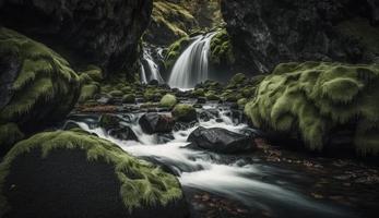 Waterfall landscape with rocks covered in green moss, Generate Ai photo