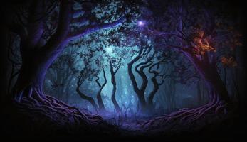 Mystical forest scene at night as digital art, Generate Ai photo