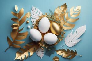 Pascua de Resurrección huevos gráfico fondo, blanco huevos y dorado nido y hojas artístico decoración en azur Copiar espacio. generativo ai ilustración, generativo ai foto
