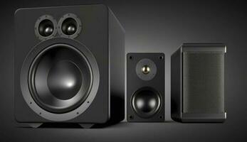 Two sound speakers and subwoofer on dark background. Set for listening music. Audio equipment, Generate Ai photo