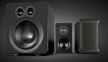 Two sound speakers and subwoofer on dark background. Set for listening music. Audio equipment, Generate Ai photo