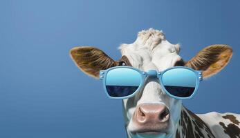 Funny cow with sunglasses in front of blue studio background. . photo