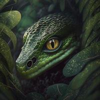 3d ilustración verde serpiente en oscuro negro antecedentes 3d representación modelo con recorte camino, generar ai foto