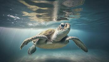 Sea turtle swimming underwater in blue ocean water. Created with photo