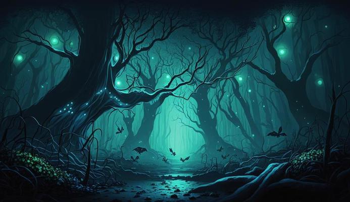 Mystical forest scene at night as digital art, Generate Ai