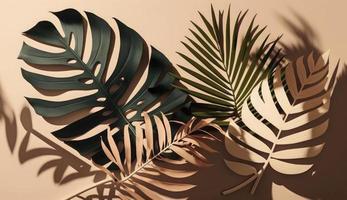 Abstract background with tropical palm leaves shadow on beige wall, Creative minimal design with copy space, Summer concept, flat lay , Generate Ai photo
