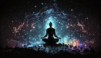 astral cuerpo silueta en loto actitud practicando yoga en contra cósmico antecedentes. meditación, conexión con otro mundos espiritual vida y esotérico concepto. creado con generativo ai foto