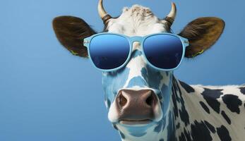 Funny cow with sunglasses in front of blue studio background. . photo