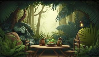 Jungle table background. Interior table for a cosmetic item against the backdrop of tropical plants, palms and jungle, Generate Ai photo