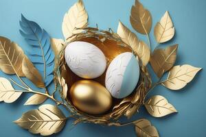 Easter eggs graphic background, white eggs and golden nest and leaves artsy decoration on azure copy space. illustration, photo