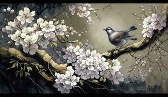 chino paisaje pintura Cereza florecer impresión arte, japonés pintura Cereza florecer, tinta invierno dulce, ilustración, acuarela cuadro, chino cultura, acuarela pinturas, generar ai foto