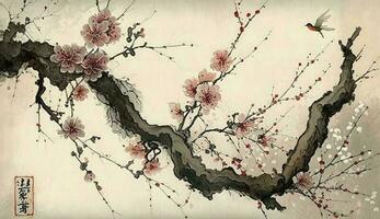 Chinese landscape painting cherry blossom print art, Japanese Painting Cherry Blossom, Ink winter sweet, Illustration, Watercolor Painting, Chinese Culture, Watercolor Paints, Generate Ai photo