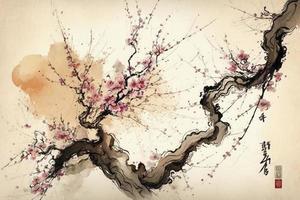 Chinese landscape painting cherry blossom print art, Japanese Painting Cherry Blossom, Ink winter sweet, Illustration, Watercolor Painting, Chinese Culture, Watercolor Paints, Generate Ai photo