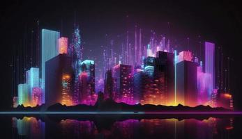 Smart city and big data concept. Futuristic cityscape at night with neon colors. City infrastructure hologram. Created with Generative AI photo