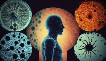 Immune system, protection against viruses and bacterias. Different shapes bacterias and virus cells near person silhouette. Created with photo