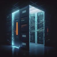 Connection network in servers data center room storage systems 3D renderin, Generate Ai photo