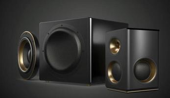 Two sound speakers and subwoofer on dark background. Set for listening music. Audio equipment, Generate Ai photo