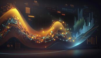 Financial graphs, glowing lines and diagram on digital screen. Trading market and economic concept. Financial crisis and inflation. Created with photo