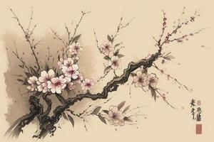 Chinese landscape painting cherry blossom print art, Japanese Painting Cherry Blossom, Ink winter sweet, Illustration, Watercolor Painting, Chinese Culture, Watercolor Paints, Generate Ai photo