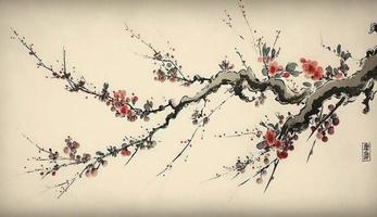 Chinese landscape painting cherry blossom print art, Japanese Painting Cherry Blossom, Ink winter sweet, Illustration, Watercolor Painting, Chinese Culture, Watercolor Paints, Generate Ai photo