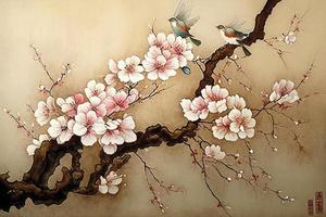 Chinese landscape painting cherry blossom print art, Japanese Painting Cherry Blossom, Ink winter sweet, Illustration, Watercolor Painting, Chinese Culture, Watercolor Paints, Generate Ai photo