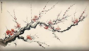 Chinese landscape painting cherry blossom print art, Japanese Painting Cherry Blossom, Ink winter sweet, Illustration, Watercolor Painting, Chinese Culture, Watercolor Paints, Generate Ai photo