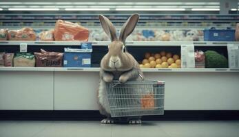 Easter bunny buys Easter eggs in the supermarket. . photo