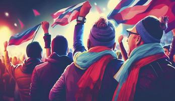 Digital painting of Support. Back view of football, soccer fans cheering their team with colorful scarfs at crowded stadium at evening time. Concept of sport, cup, world, teamg, Generate Ai photo