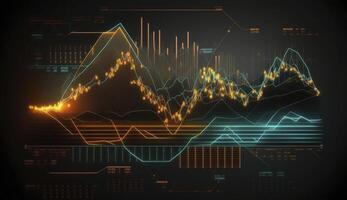 financiero gráficos, brillante líneas y diagrama en digital pantalla. comercio mercado y económico concepto. financiero crisis y inflación. creado con generativo ai foto