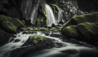 Waterfall landscape with rocks covered in green moss, Generate Ai photo