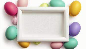 Colorful Easter Eggs with white frame copy space , photo