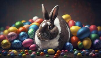 Happy Easter Bunny with many colorful easter eggs. . photo