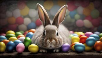 Happy Easter Bunny with many colorful easter eggs. . photo