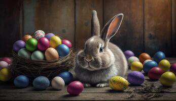 Happy Easter Bunny with many colorful easter eggs. . photo