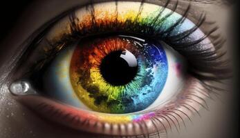 Female eye with colorful pupil. Close up of rainbow eye. Created with photo
