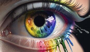 hembra ojo con vistoso alumno. cerca arriba de arco iris ojo. creado con generativo ai foto