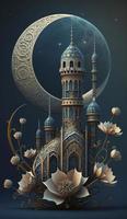 mosque and moon  on blue background. 3d render and illustration, Generate Ai photo