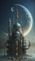 mosque and moon  on blue background. 3d render and illustration, Generate Ai photo