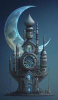 mosque and moon  on blue background. 3d render and illustration, Generate Ai photo