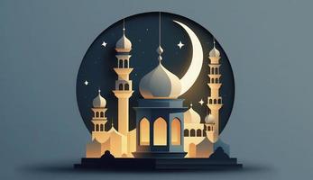 mosque and moon, flat design and illustration, Generate Ai photo