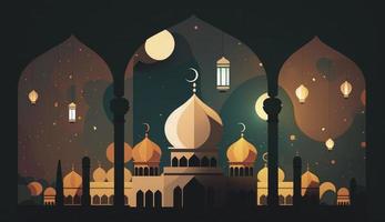 mosque and moon, flat design and illustration, Generate Ai photo