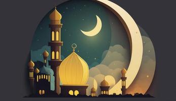 mosque and moon, flat design and illustration, Generate Ai photo