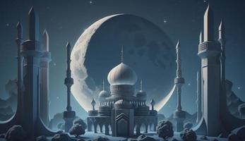mosque and moon  on blue background. 3d render and illustration, Generate Ai photo