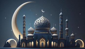 mezquita y Luna en azul antecedentes. 3d hacer y ilustración, generar ai foto