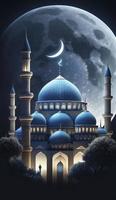 mosque and moon  on blue background. 3d render and illustration, Generate Ai photo